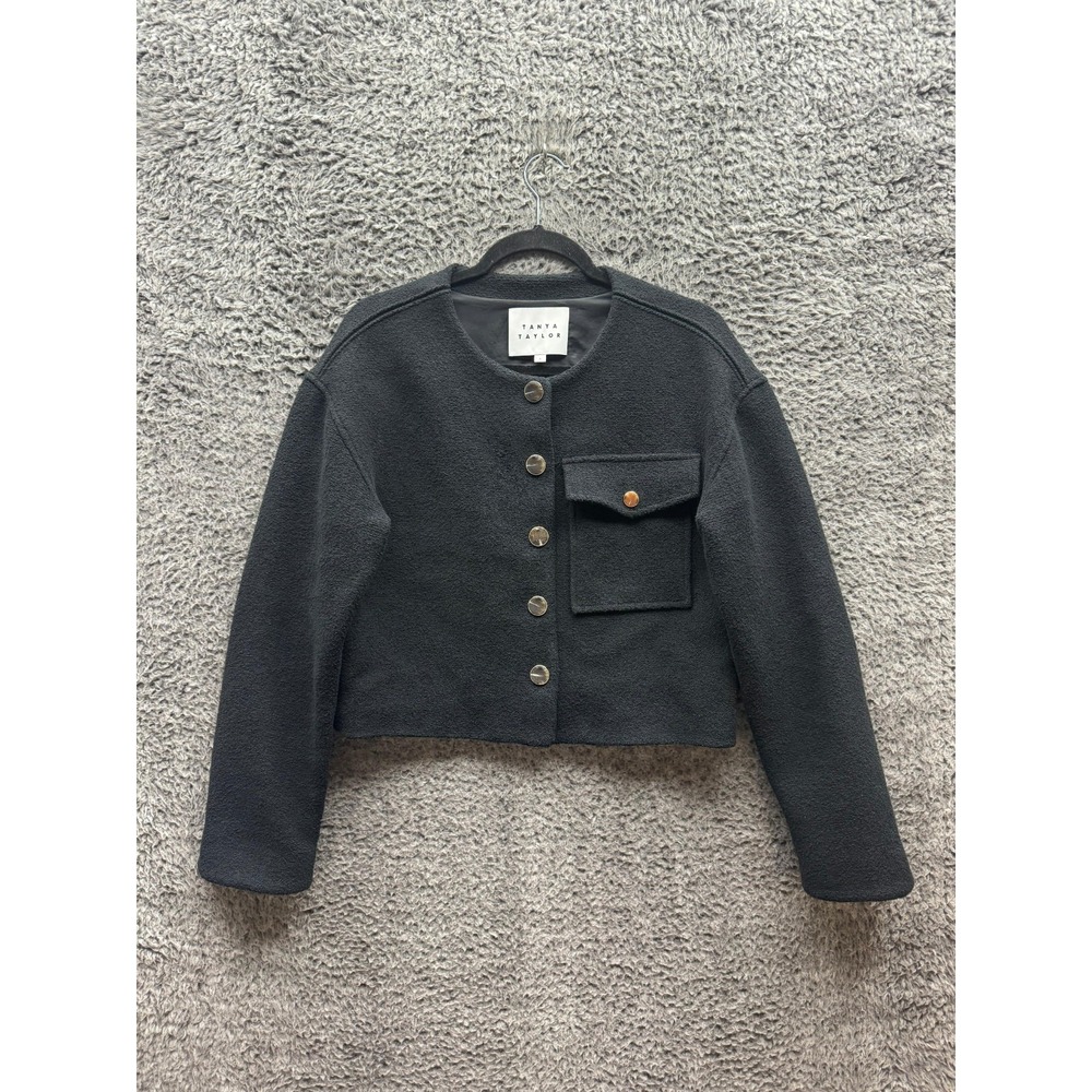 Tanya Taylor Kento‎ Cotton Blend Button-Front Cropped Jacket Black Womens Size S